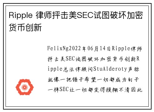 Ripple 律师抨击美SEC试图破坏加密货币创新 